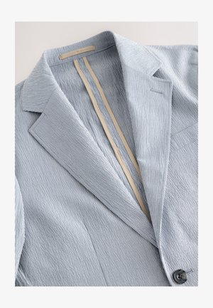 Hellblauer und weiß gestreifter Blazer aus einem Stoff mit subtilem Strukturmuster, ausgestattet mit einem Reverskragen, einer Einzelknopfleiste und einem beigen Futter.