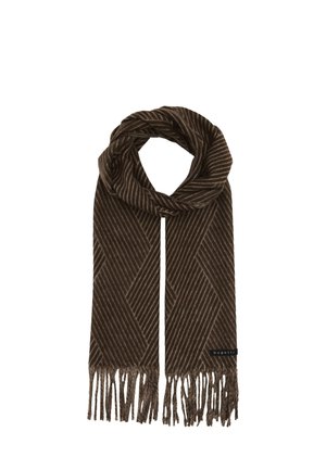 Brown scarf with diagonal striped pattern, fringed ends, and a small black label reading bugatti, displayed against white background.