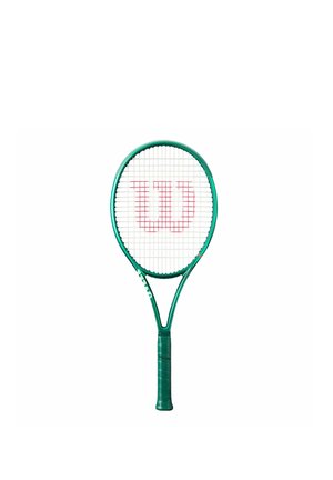 Green Wilson tennis racket with white strings and a large red "W" logo in the center of the string bed.