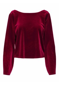 Burgundy sammetströja med lång ärm, bred halsringning och avslappnad passform. Slät textur och enhetlig färg, med minimala sömmar och inga utsmyckningar.