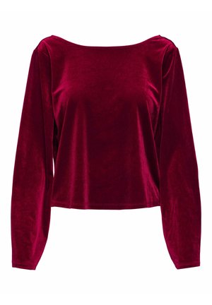 Burgundy sammetströja med lång ärm, bred halsringning och avslappnad passform. Slät textur och enhetlig färg, med minimala sömmar och inga utsmyckningar.