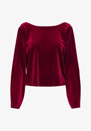 Burgundské sametové tričko s dlouhým rukávem, širokým výstřihem a uvolněným střihem. Hladká textura a jednotná barva, s minimem švů a bez zdobení.