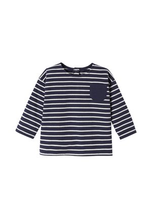Gestreiftes Babyoberteil mit langen Ärmeln in Marineblau und Weiß, Rundhalsausschnitt und marineblauem Brusttasche, Druckknopf hinten.