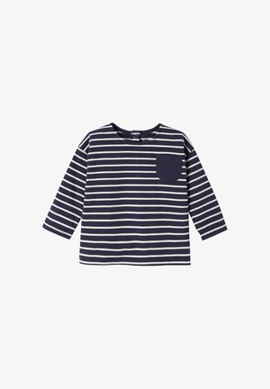 Navy and white striped long-sleeve baby shirt with round neck and navy chest pocket, snap button at back.