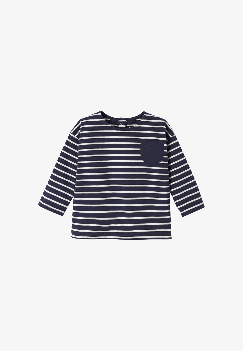 Gestreiftes Babyoberteil mit langen Ärmeln in Marineblau und Weiß, Rundhalsausschnitt und marineblauem Brusttasche, Druckknopf hinten.