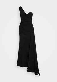 Robe de soirée noire asymétrique avec corsage ajusté, encolure asymétrique, taille froncée et long pan drapé sur un côté.