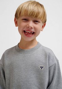 Grauer Pullover mit Rundhalsausschnitt und gerippten Bündchen, mit einem kleinen bestickten marineblauen und weißen Emblem auf der Brust.