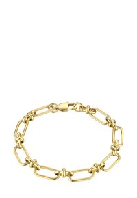 Zlata zapestnica iz verige, ki vsebuje povezane ovalne in krožne oblike, teksturirane zaključke ter varen sponka za zapiranje.
