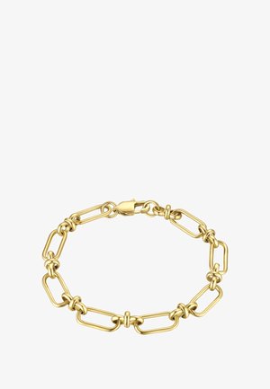 Pulsera de cadena de oro con formas ovaladas y circulares entrelazadas, acabados texturizados y un cierre de seguridad.