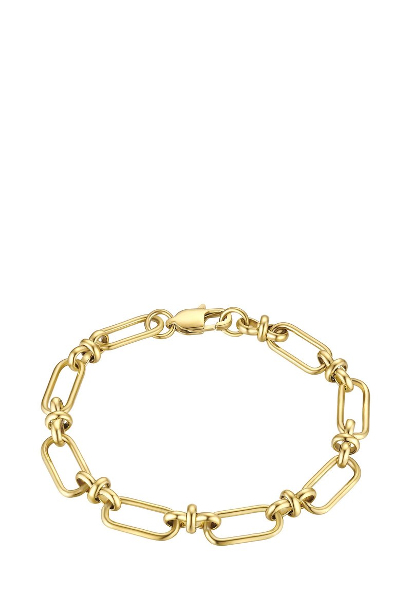 Zlata zapestnica iz verige, ki vsebuje povezane ovalne in krožne oblike, teksturirane zaključke ter varen sponka za zapiranje.