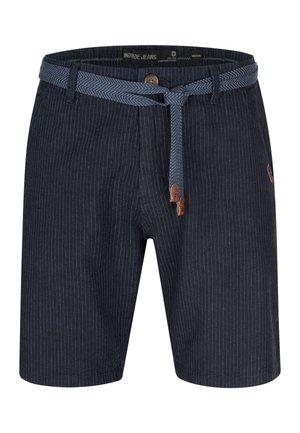 Marinblåa randiga shorts i lättviktigt material, med ett vävt blått bälte och en brun läderdetalj. Knäppning med en knapp.