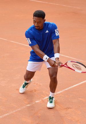 Maglietta sportiva blu con tre strisce bianche, pantaloni corti bianchi e scarpe bianche con accenti verdi. Giocatore in procinto di colpire con una racchetta da tennis rossa.