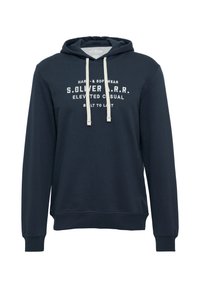 Felpa blu navy realizzata in morbido tessuto, con cappuccio regolabile e testo stampato bianco sul davanti. Polsini e orlo a costine.