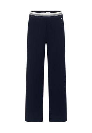 Pantalon bleu marine à jambes larges avec taille élastique présentant des rayures blanches et noires, sans poches ni fermetures visibles.