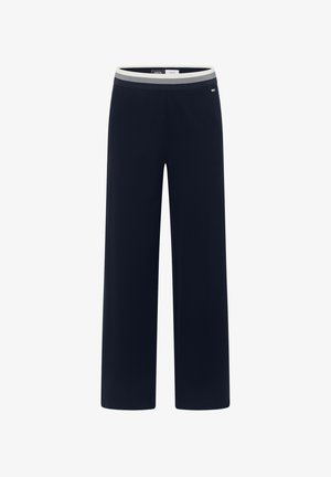 Pantalones azul marino de pierna ancha con cintura elástica con rayas blancas y negras, sin bolsillos ni cierres visibles.