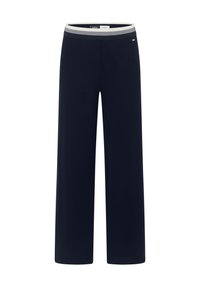 Marineblauwe broek met wijde pijpen en elastische tailleband met witte en zwarte strepen, zonder zakken of zichtbare sluitingen.