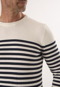 Sweter w paski w kolorze kremowym i granatowym, wykonany z dzianiny, o okrągłym dekolcie, dopasowany krój, z naprzemiennymi grubymi i cienkimi poziomymi paskami.