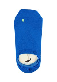 Blaue rutschfeste Knöchelsocke mit strukturiertem Muster und verstärkter Ferse. Verfügt über einen Ausschnitt, um das rutschfeste System im Inneren zu zeigen.