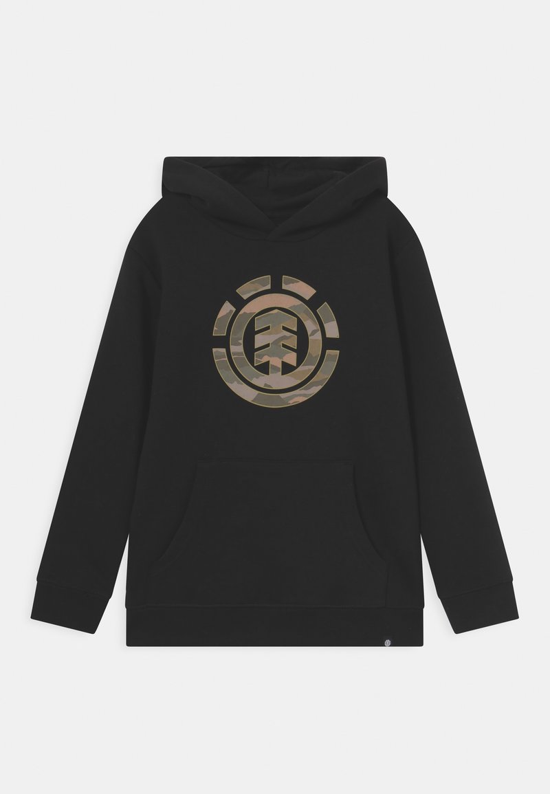 Hoodie noir en coton, avec un grand logo camouflage sur le devant, une poche kangourou et des poignets et un ourlet côtelés.