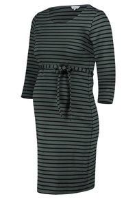 Gestreiftes Kleid in Dunkelgrün und Schwarz, mit Dreiviertelärmeln, rundem Ausschnitt und einem gebundenen Gürtel in der Taille für eine figurbetonte Optik.