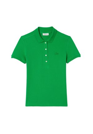 Green polo shirt made of cotton, featuring a collared neck, short sleeves, a button placket, and an embroidered logo on the chest.