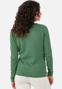 Pull vert à manches longues avec un col côtelé et un tissu texturé, présentant une coupe droite et des manches ajustées, vu de dos.