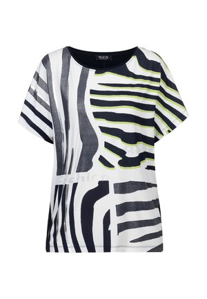 Dames wit blouse met korte mouwen, voorzien van een abstract zwart en groen gestreept patroon, ronde halslijn en losse pasvorm.