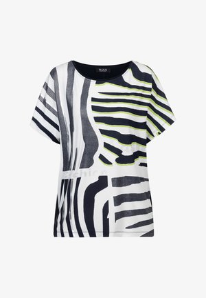 Damenbluse mit kurzen Ärmeln, weiß, mit abstraktem schwarz-grün gestreiftem Muster, rundem Ausschnitt und lockerem Schnitt.