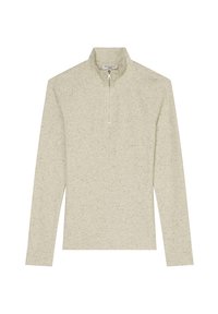 Kremowy sweter z długim rękawem, dziergany, z czarnymi plamkami, zapinany na ćwierć zamka błyskawicznego z stójką, oznaczony marką Marc O'Polo Denim.