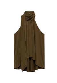 Olive green sleeveless blouse with a draped neckline and pleats. Soft fabric, flowy shape, features buttons at the back.