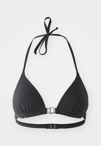 Black bikini top with triangular cups, halter neck ties, and a gold logo clasp at the center. Smooth fabric with adjustable back strap.
