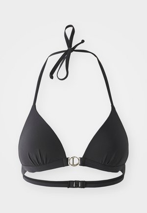 Haut de bikini noir avec des bonnets triangulaires, des liens autour du cou et un fermoir en or au centre. Tissu lisse avec une sangle arrière réglable.