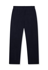 Navyblauwe broek van een zachte stof, met een elastische tailleband en een enkele achterzak. Rechtaflopende pasvorm zonder patronen.