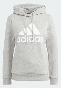 Sweat à capuche Adidas gris clair avec grand logo blanc, poche kangourou à l'avant, poignets côtelés et capuche réglable avec cordon.