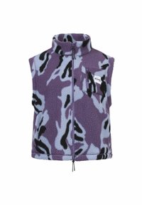 Paarse en lichtblauwe fleece vest met een zwart panterprint patroon, hoge kraag, volledige ritssluiting en een borstzak met een logo patch.