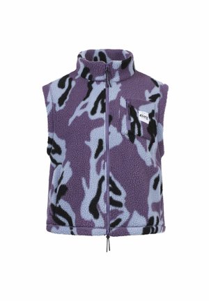 Purple and light blue fleece vest with a black leopard print pattern, high collar, full zipper, and a chest pocket featuring a logo patch.