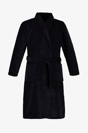 Peignoir en peluche noir avec manches longues, col châle, deux poches avant et ceinture à nouer à la taille.