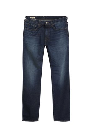 Jeansi din denim albastru închis, cu un design cu picior drept, cu o ușoară decolorare pe față, cinci buzunare și închidere cu un buton argintiu.