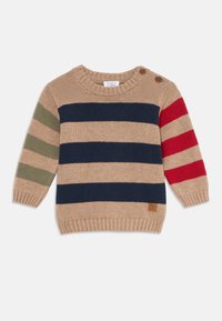 Braun gestreifter Pullover mit navyblauen, olivgrünen und roten Streifen. Verfügt über einen gerippten Halsausschnitt und Bündchen, zwei Knöpfe an der Schulter und ein Markenschild.