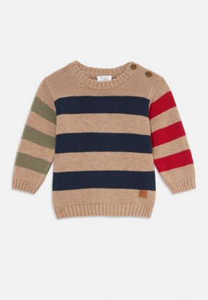Brun stripete genser med marineblå, olivengrønne og røde striper. Har ribbestrikket hals og mansjetter, to knapper på skulderen og en merkelapp.