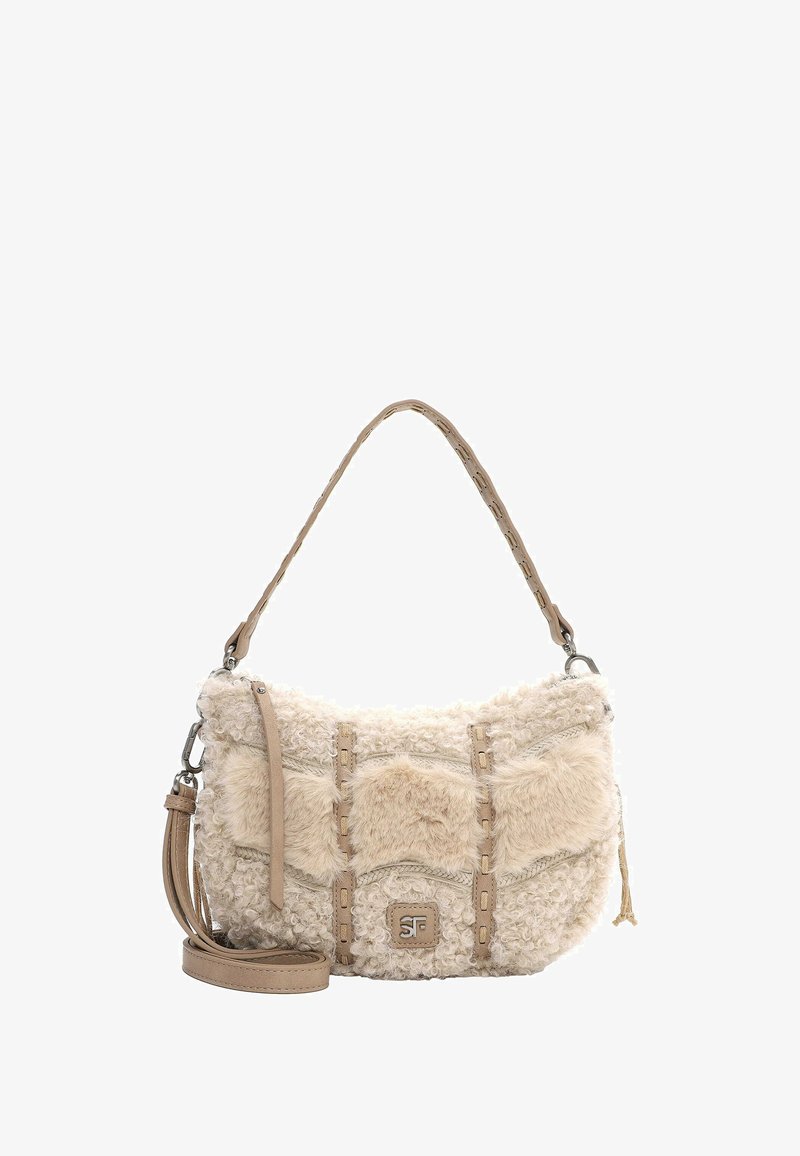 Beige nep-bont handtas met gevlochten hengsel, voorzien van gestikte accenten en een gladde body. Inclusief een afneembare schouderband.