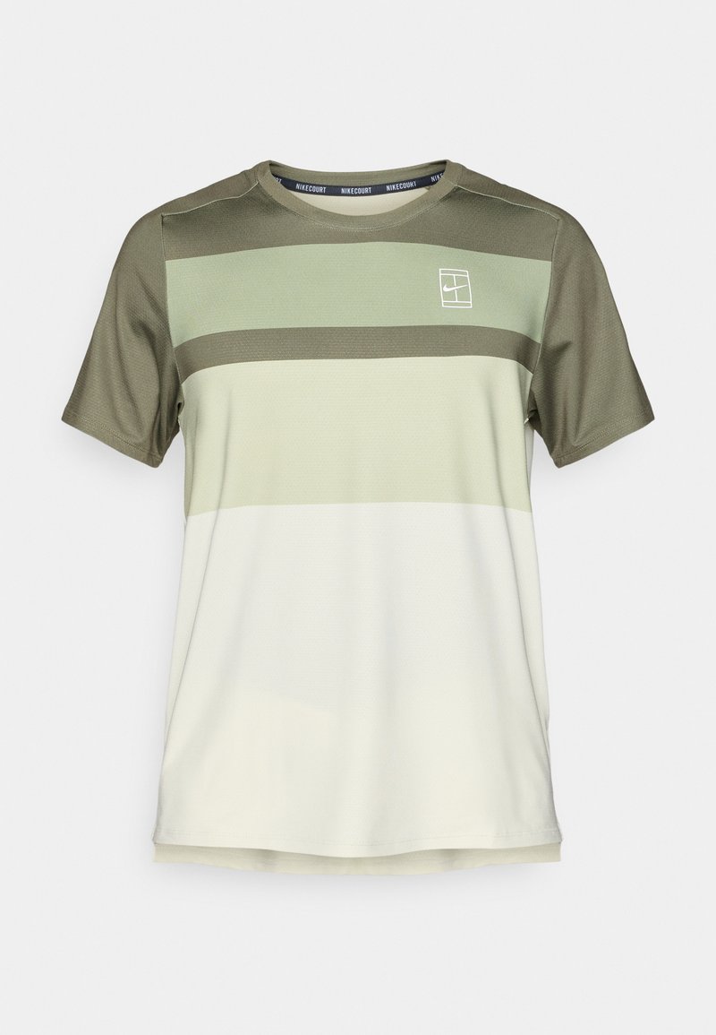 Short-sleeve athletic shirt in green and cream with horizontal stripes, featuring a round neck and logo on the left chest. Soft, textured fabric.