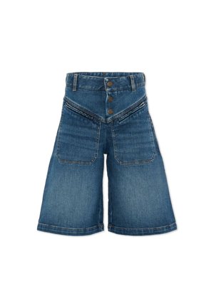High waist wijde blauwe denimshorts met drie knopen aan de voorkant, twee grote voorzakken en riemlussen.