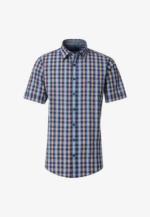 Kurzärmliges Button-up-Hemd in blau, braun und beige Karomuster. Mit einem spitzen Kragen und einer kleinen Brusttasche. Aus leichtem Material gefertigt.