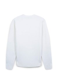 Weißer Pullover mit einfacher Strickstruktur, Rundhalsausschnitt und langen Ärmeln. Ribbed Bündchen und Saum. Schlichtes Design, keine sichtbaren Muster oder Akzente.