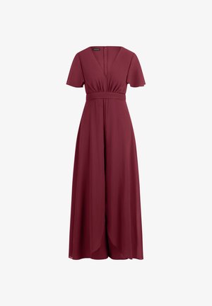 Bordeaux jumpsuit lavet af letvægtsstof med korte ærmer og v-hals. Har en tætsiddende talje og et flydende, bredt ben-design.