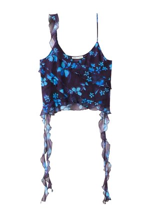 Haut court sans manches à motifs floraux violets et bleus, avec des bretelles à volants et de longues attaches à volants suspendues à l'ourlet.