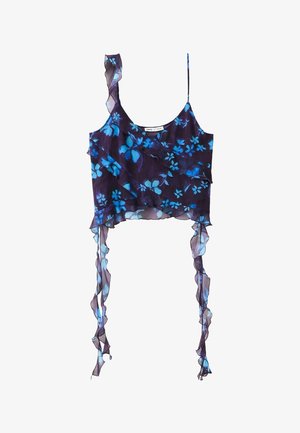 Lila-blaues ärmelloses Crop-Top mit Blumenmuster, gerafften Trägern und langen, gerafften Bändern, die vom Saum herabhängen.