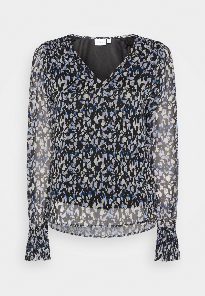 VILA Tall VIFALIA V-NECK - Μπλούζα με μακριά μανίκια - black/mazarine blue combo