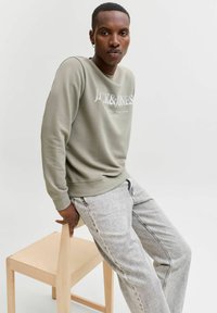 Lysegrøn sweatshirt med "Jack & Jones" logo i hvid, kombineret med grå jeans med en subtil tekstur og sidesyning. Mangler detalje på sæde.